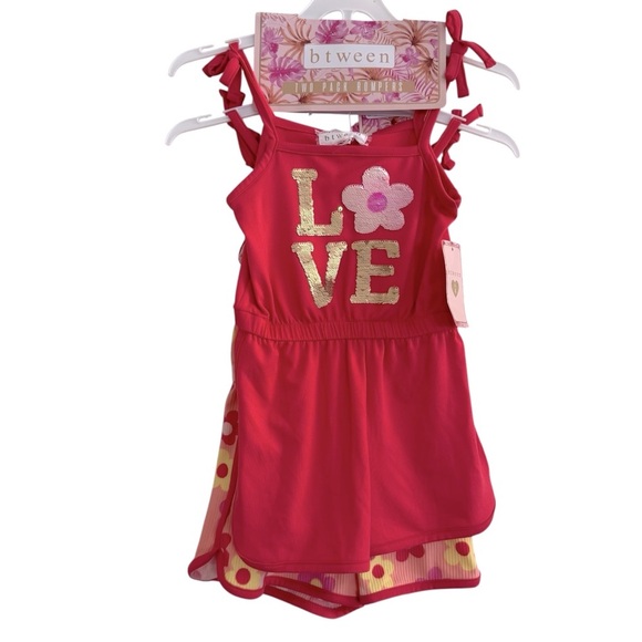 Btween Pink Rompers 2PC Set Bundle Sequins Love Floral Toddler Girls 4T NWT - Picture 1 of 6